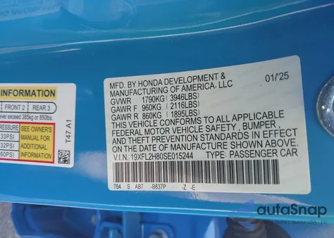 2025 Honda Civic Sport from USA, damaged, VIN 19XFL2H80SE015244